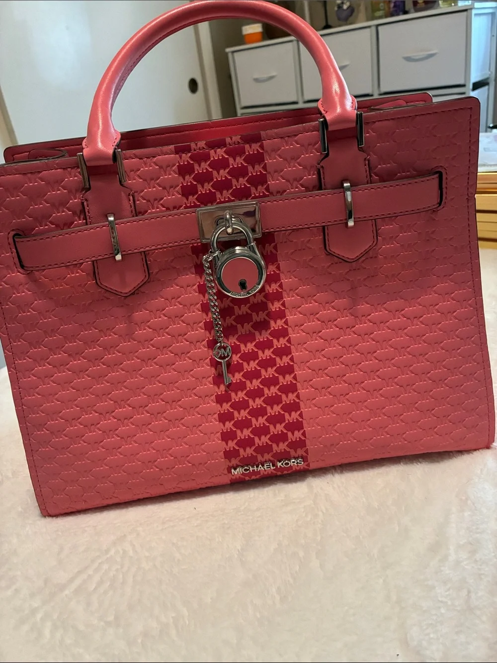 Michael Kors Coral Pink Logo-Strip Satchel